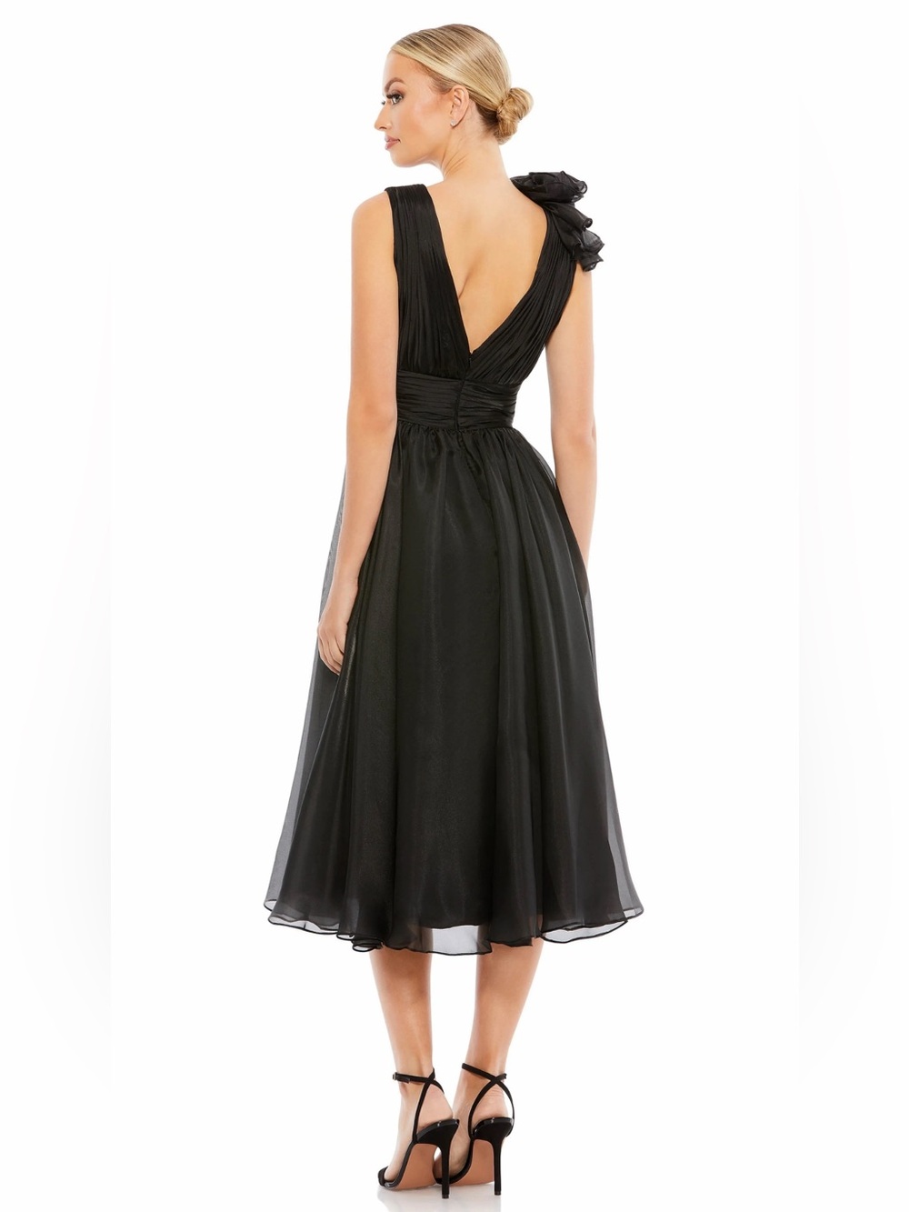 Mac Duggal Black V-Back Midi Dress with Shoulder Rosette